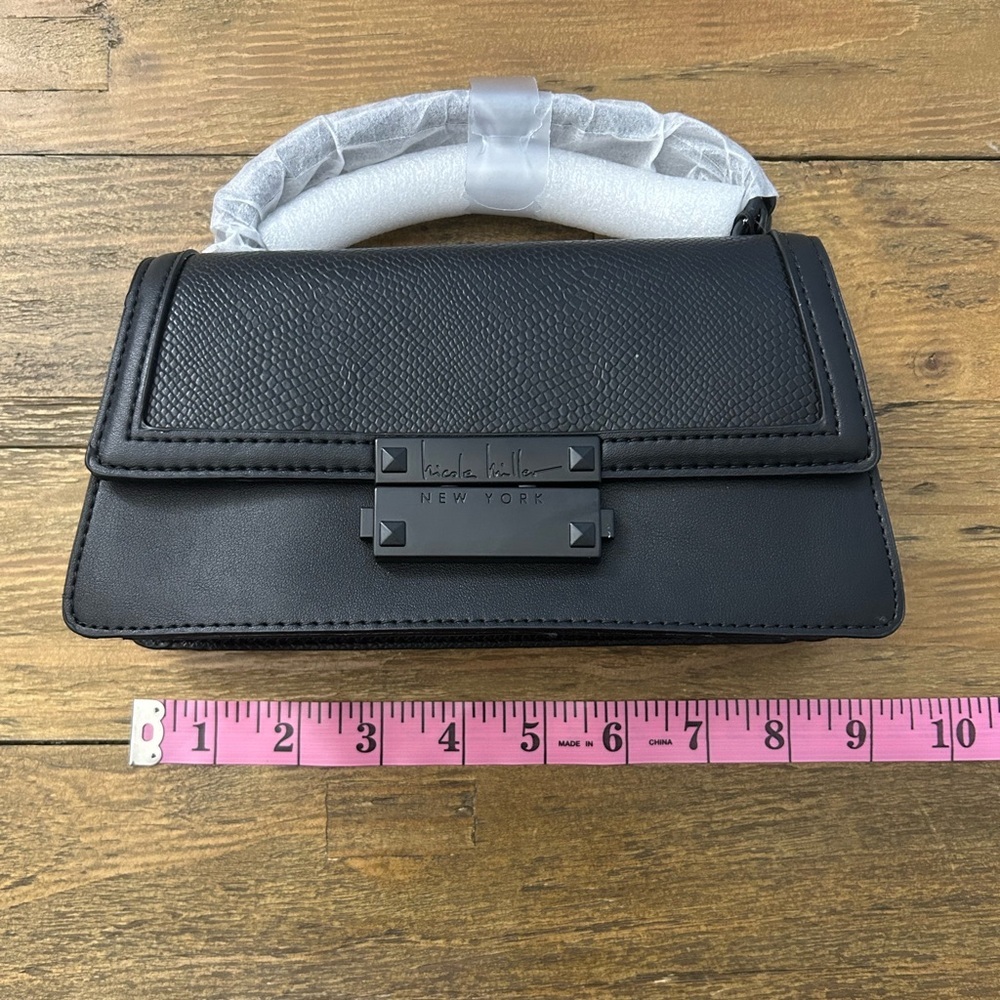 NICOLE MILLER Black Top Handle Crossbody Bag Matte Black Hardware Chain Strap - Picture 10 of 11